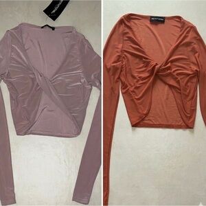 2 PrettyLittleThing 4 Mulane Mauve Orange Long Sleeve Twist Crop PLT Slinky